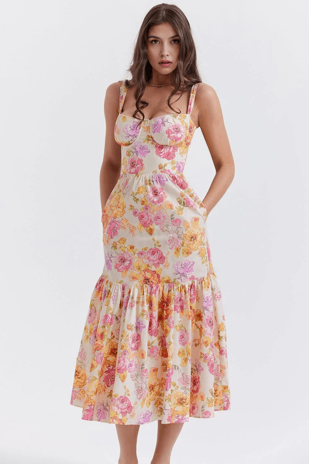Vestido Midi Claro com Flores